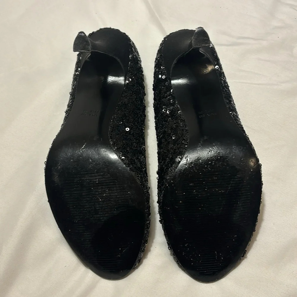 Papell Studio Peep Toe Heels Size 8 Mesh Satin Sequin 3 Inch Heels Black - Picture 6 of 9